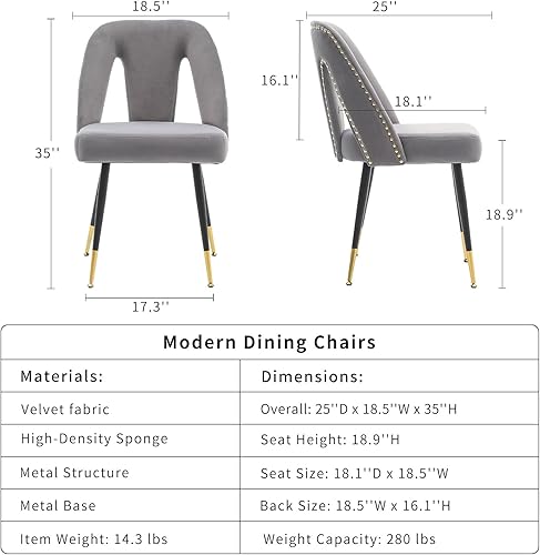 Miniatura 23 de Juego de 2 sillas de comedor de terciopelo, juego de 2, sillas de cocina y comedor, tapizadas de terciopelo, ribete de cabeza de clavo, patas de