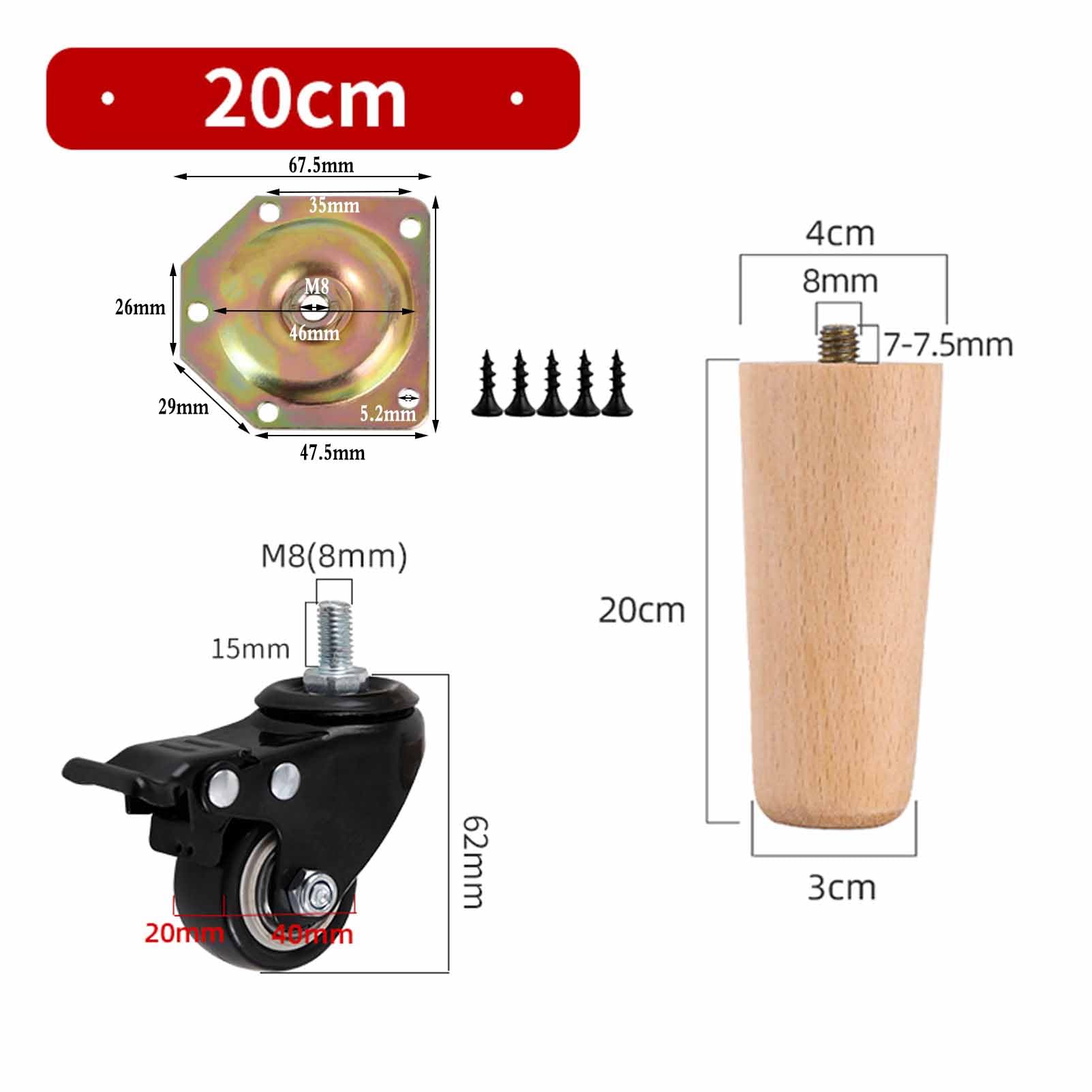 Drewniane nogi meblowe, zestaw 4 wymiennych drewnianych nóżek do szafek, szafek nocnych i konstrukcji kółek, wysokość 50 cm