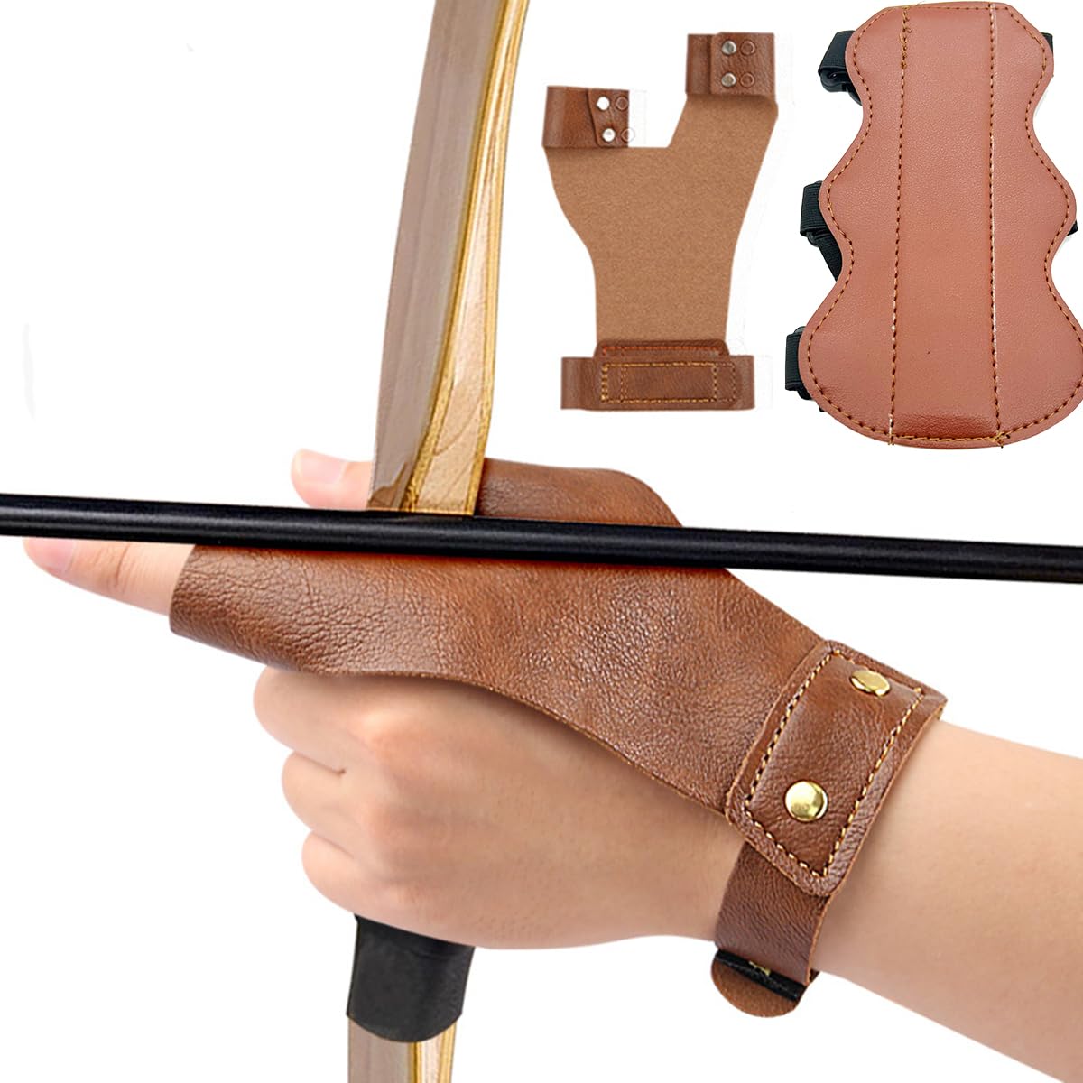 2 pcs Adjustable PU Leather Archery Arm Guards and Archery Gloves ,Hunting Target Shooting Adult Unisex Arm and Hand Protector for Athletic use