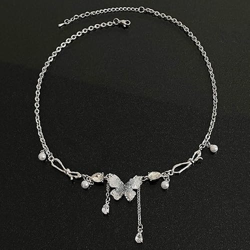 Colar de borboleta de cristal com borla de pérola feminina nicho leve luxo menina quente verão super