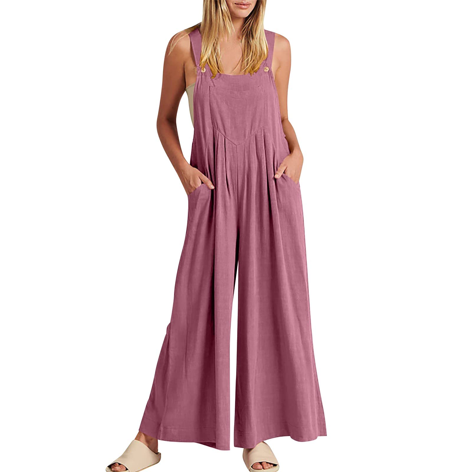 Salopette da donna, estivi, lunghi, da lavoro, da donna, rosa, tuta sportiva, elegante, con tasche, tinta unita, comoda tuta estiva