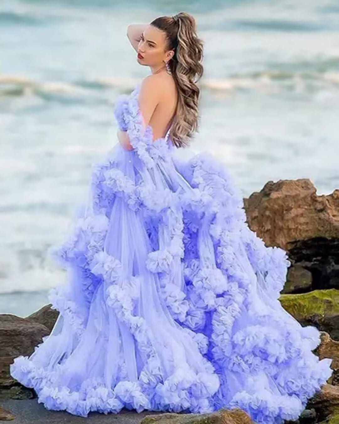Tulle Maternity Dress for Photoshoot Puffy Ruffles Bridal Lingerie Bathgown Sheer Pregnancy Gown for Baby Shower
