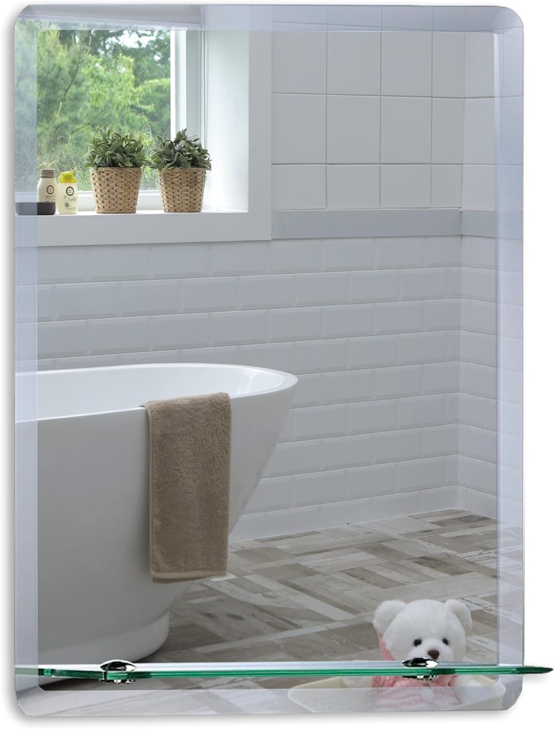 Neue Design Silver Mood® Premium Rectangular Bathroom Mirror With Shelf, Wall Mounted Bevelled Frameless Mirrors, Toilet Bedroom Hallway, (60Cm X 45Cm)