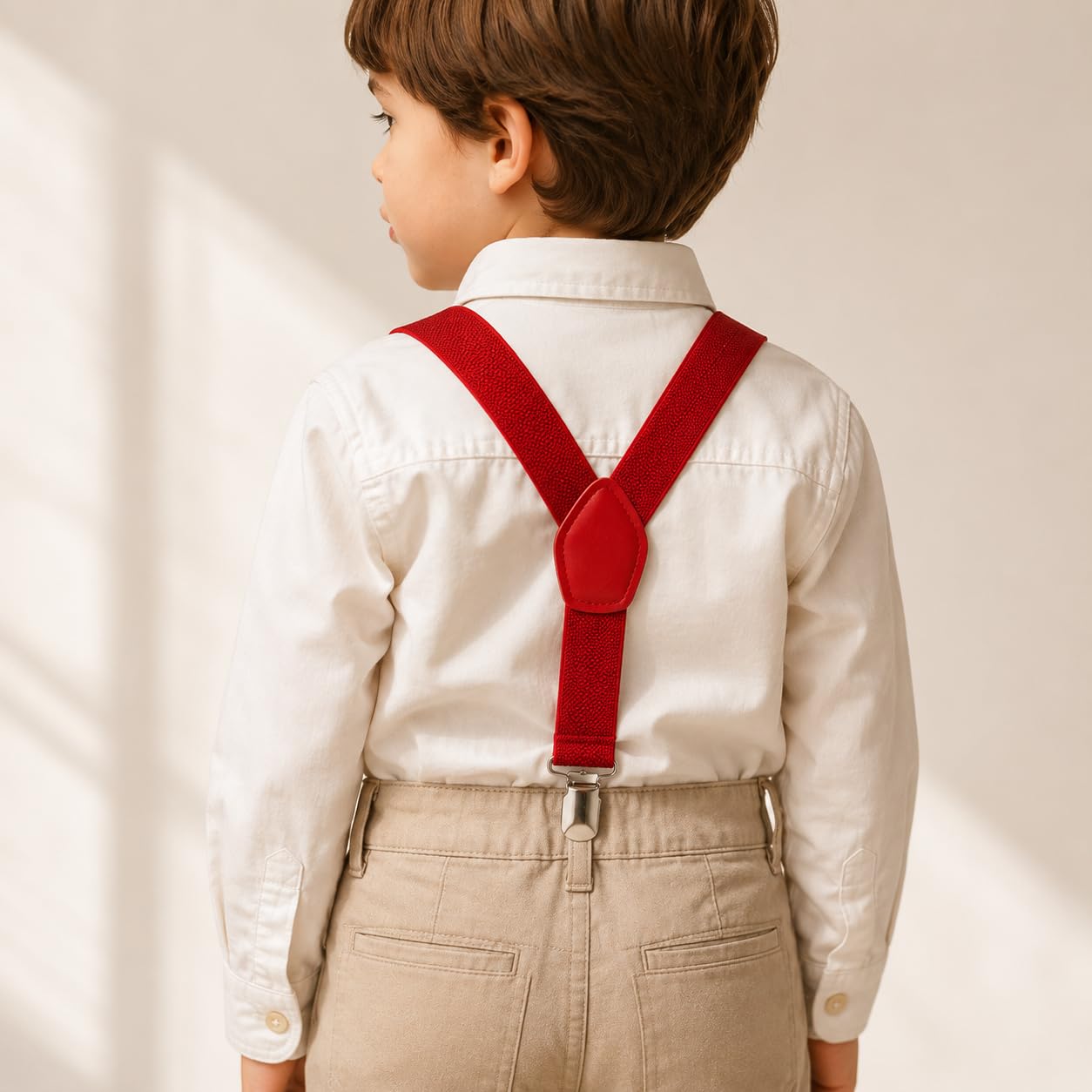 nino's Worlds Kids Adjustable Y-Back Suspenders for Boys & Girls, Elastic Clip-On Braces, Metal Clips, School, Parties & Formal Wear (Red) 3