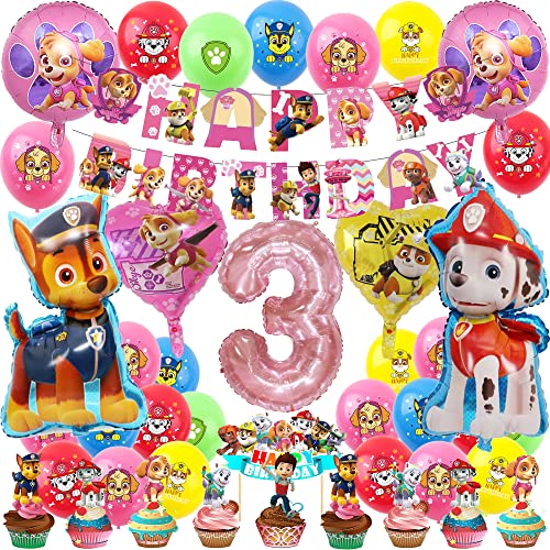 Decorazione di compleanno per ragazza, cane, compleanno, festa, rosa, palloncino decorativo, per ragazze, 3 anni, con elio, in pellicola, decorazione (numero 3)
