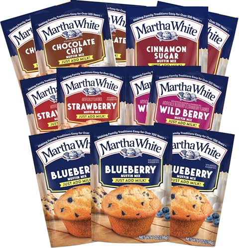 Martha White Muffin Mix Sampler Variety Pack, Pack of 12, Chocolate Chip, Blueberry, Strawberry, Cinnamon Sugar, Wildberry, Just Add Milk