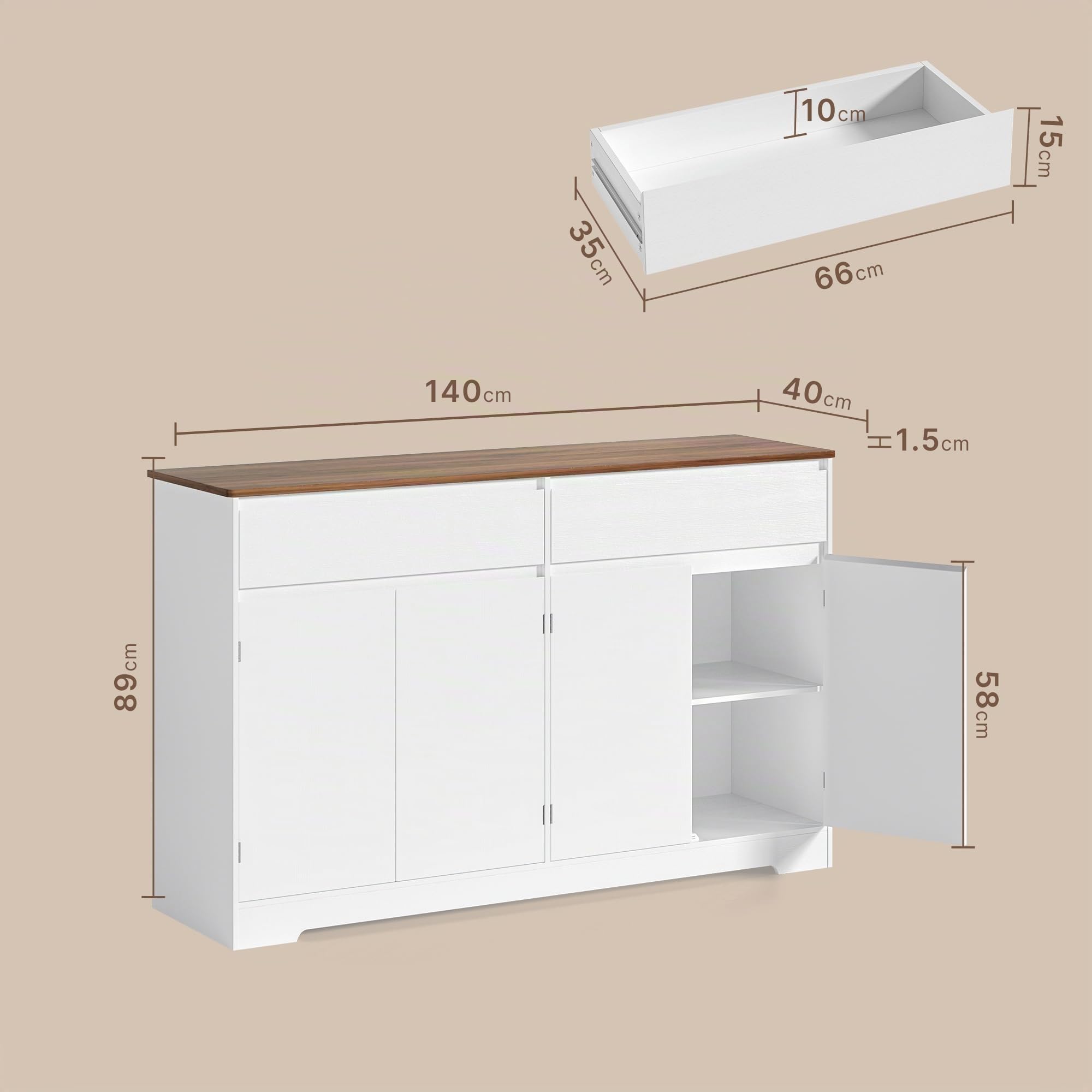 Xbro Aparador de Cocina, Mueble Auxiliar de Almacenaje con Cajón, para Cocina, Salón y Comedor, de Estilo Moderno, 140×40×89 cm