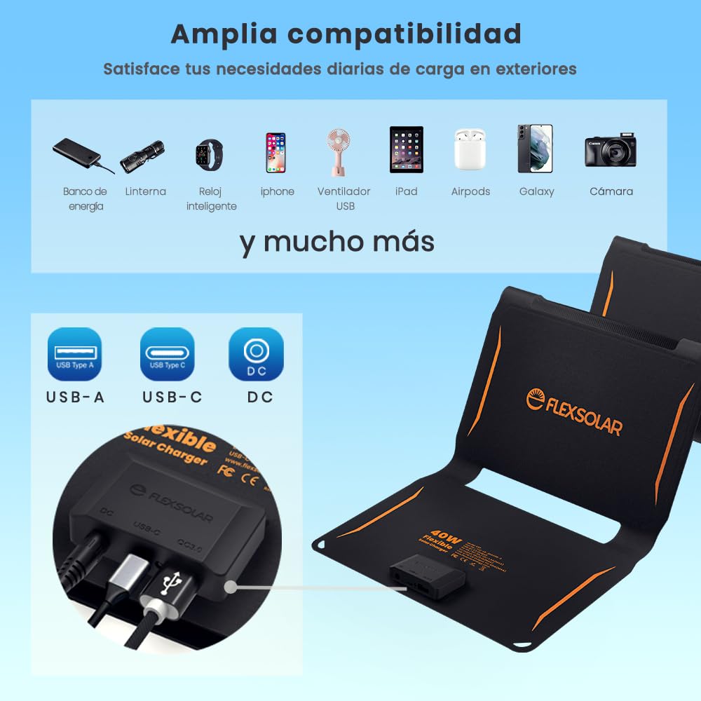 FlexSolar Cargador Solar Portátil 40W USB ETFE Panel Plegable IP67 Impermeable Camping Senderismo