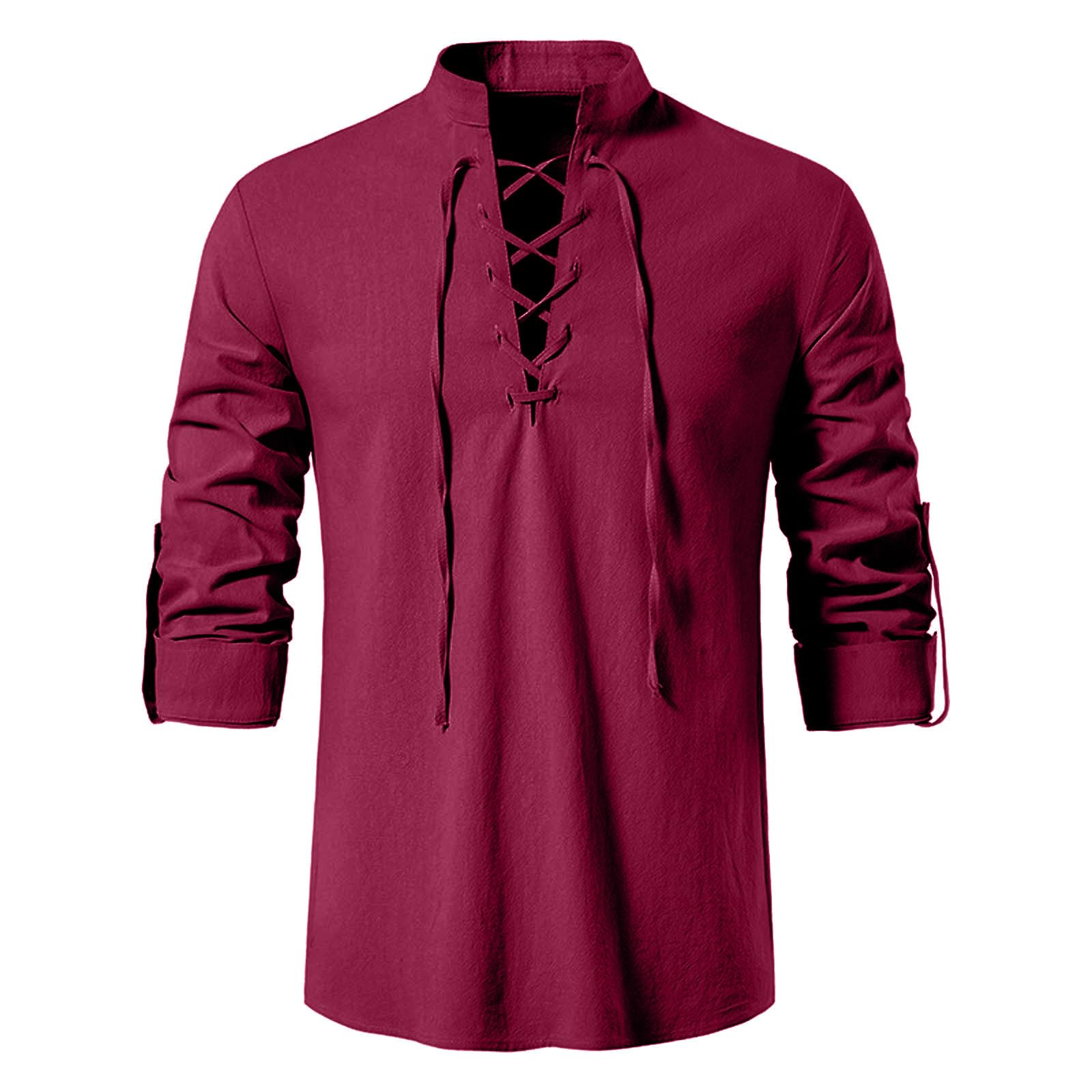 VDDTAGAM Mens Linen Shirt Classic Lace Up Pirate Shirts Long Sleeve Casual Medieval Vintage Costume Henley-Shirt (Wine,S) VD6