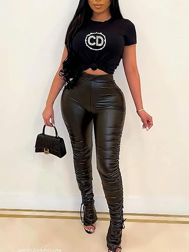 Miniatura 3 de Pantalones leggings de cuero sintético para mujer de cintura alta ajustados apilados con aberturas