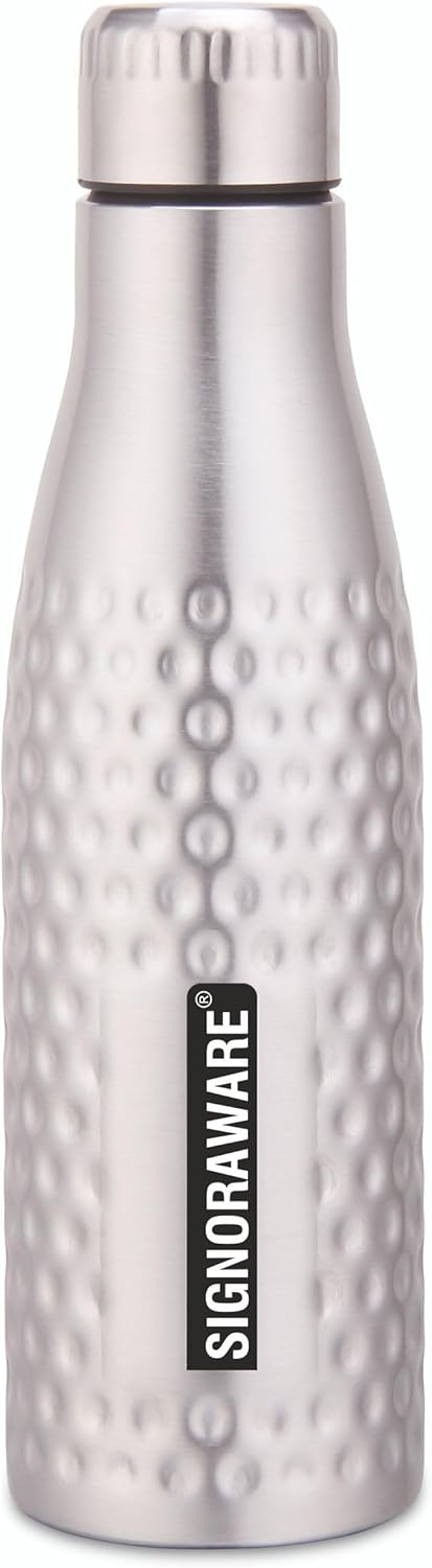 Signoraware Aace Hammered Single Walled Stainless Steel Fridge Water Bottle, 1000ml, Silver, Set of 1