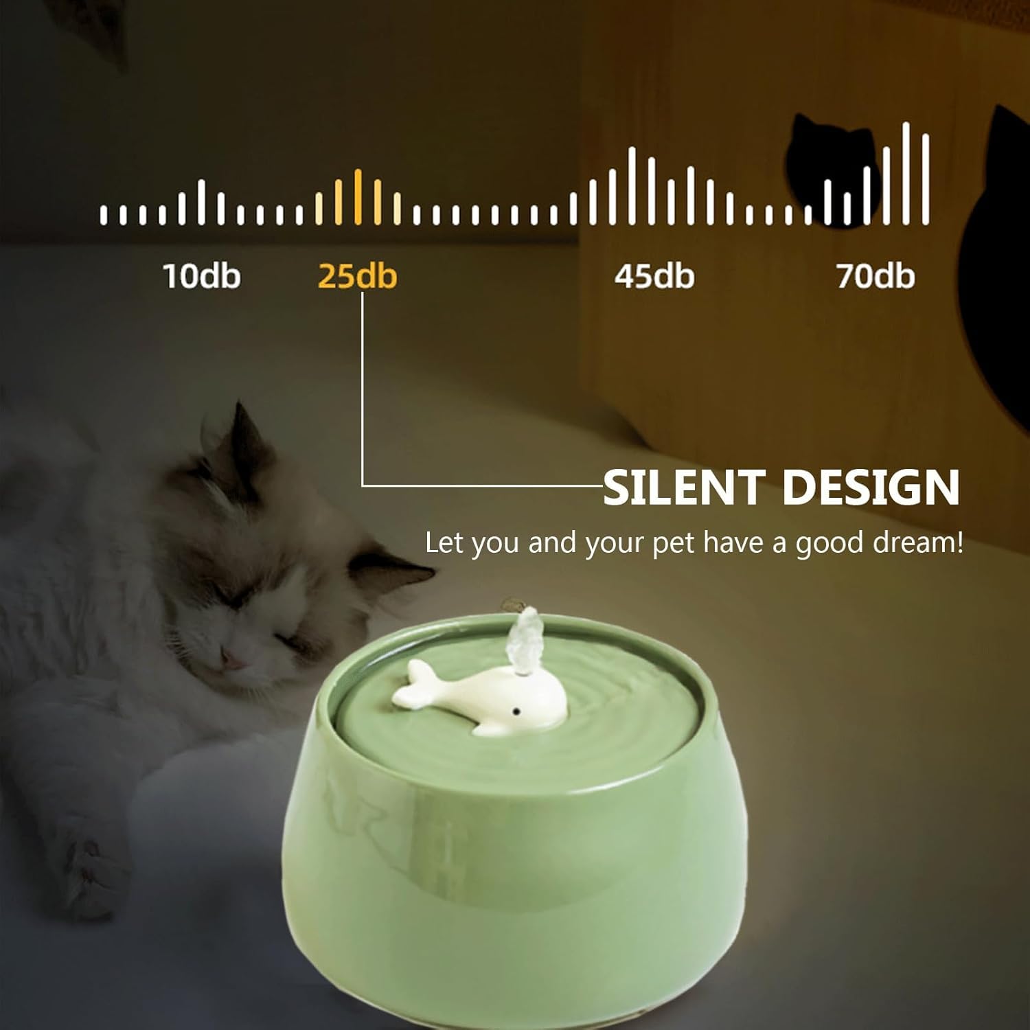 Fuente de agua de cerámica para gatos, 1.3L/45 onzas, cuencos de alimentación y bebida para mascotas, fuentes automáticas para gatos, cuenco ultra silencioso para gatos y perros, dispensador de agua