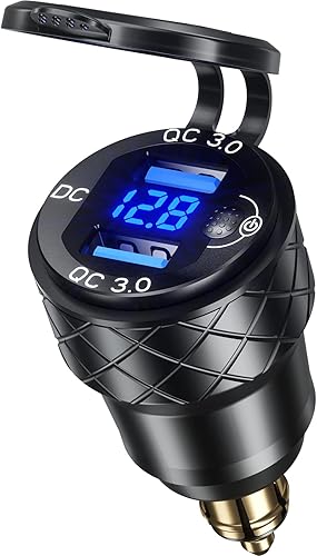 Kewig Aluminio DIN Hella Plug Cargador Moto Dual Cargador Rápido 3.0 Cargador USB Adaptador de Corriente con Pantalla LED Impermeable para 12V-24V
