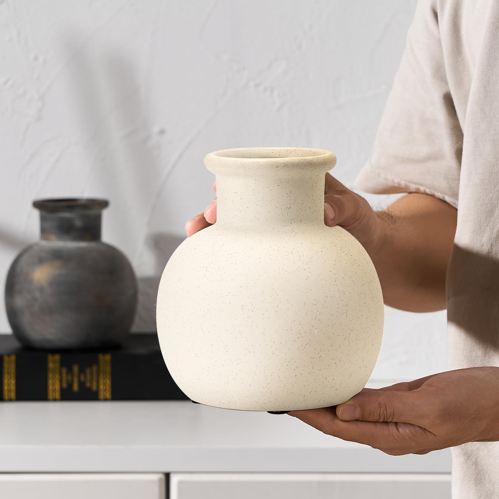 Condition photo showing As Is for siducal spotted ceramic modern vase, 5.8 inch rustic farmhouse decorative boho terracotta vase for home decor, table, living room, wedding, shelf decor, mantel, speckled white