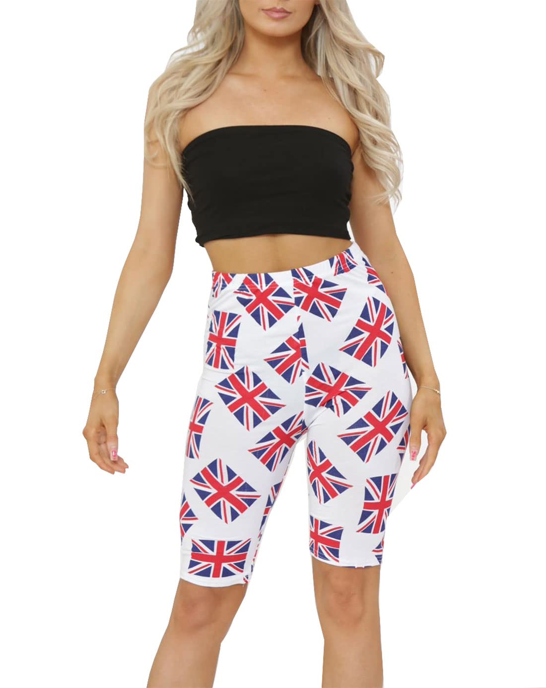 FAIRY BOUTIQUE Womens British Flag Print Strappy Swing Flared Top Vest Cycling Shorts Ladies British Print Legging Cami Dress