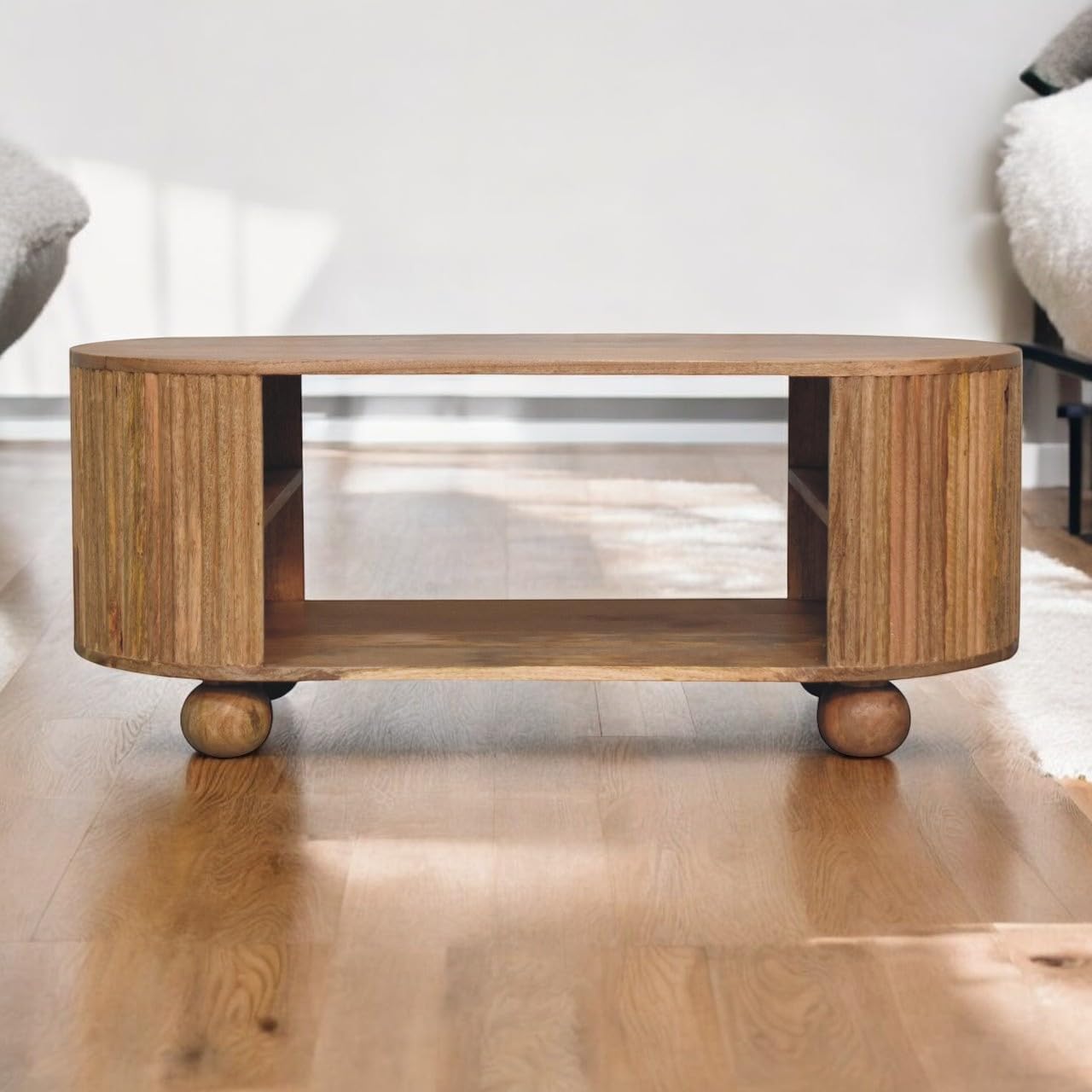 Solid Wood Soba Ball Coffee Table with Open Storage Light Brown Mango Wood Handcrafted Oak Finish Sturdy Ball