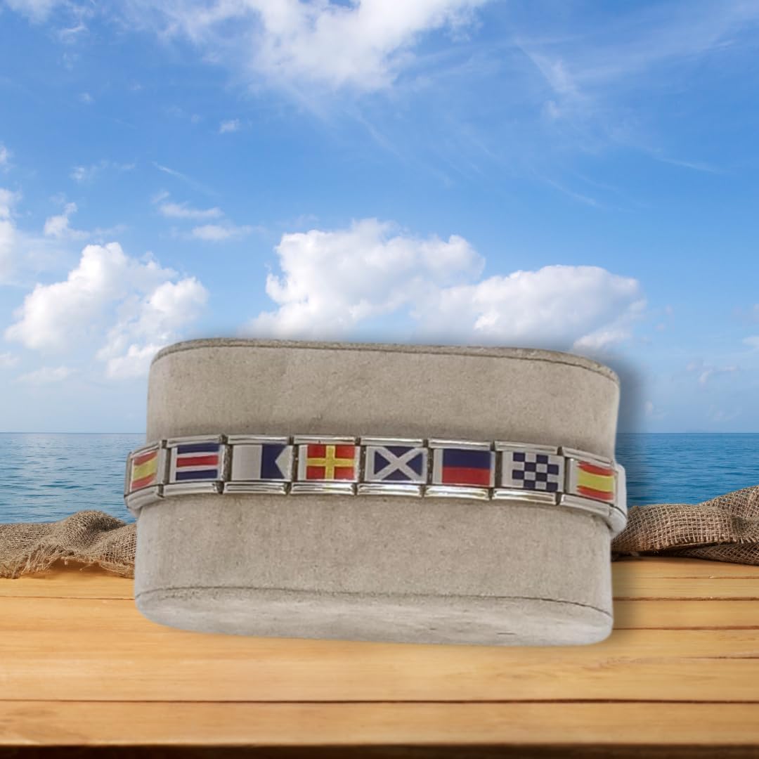 Feyma Pulsera nautica de Acero inoxidable - Banderas de España, con nombre de la Virgen del Carmen, Patrona de los Marineros, en banderas nauticas