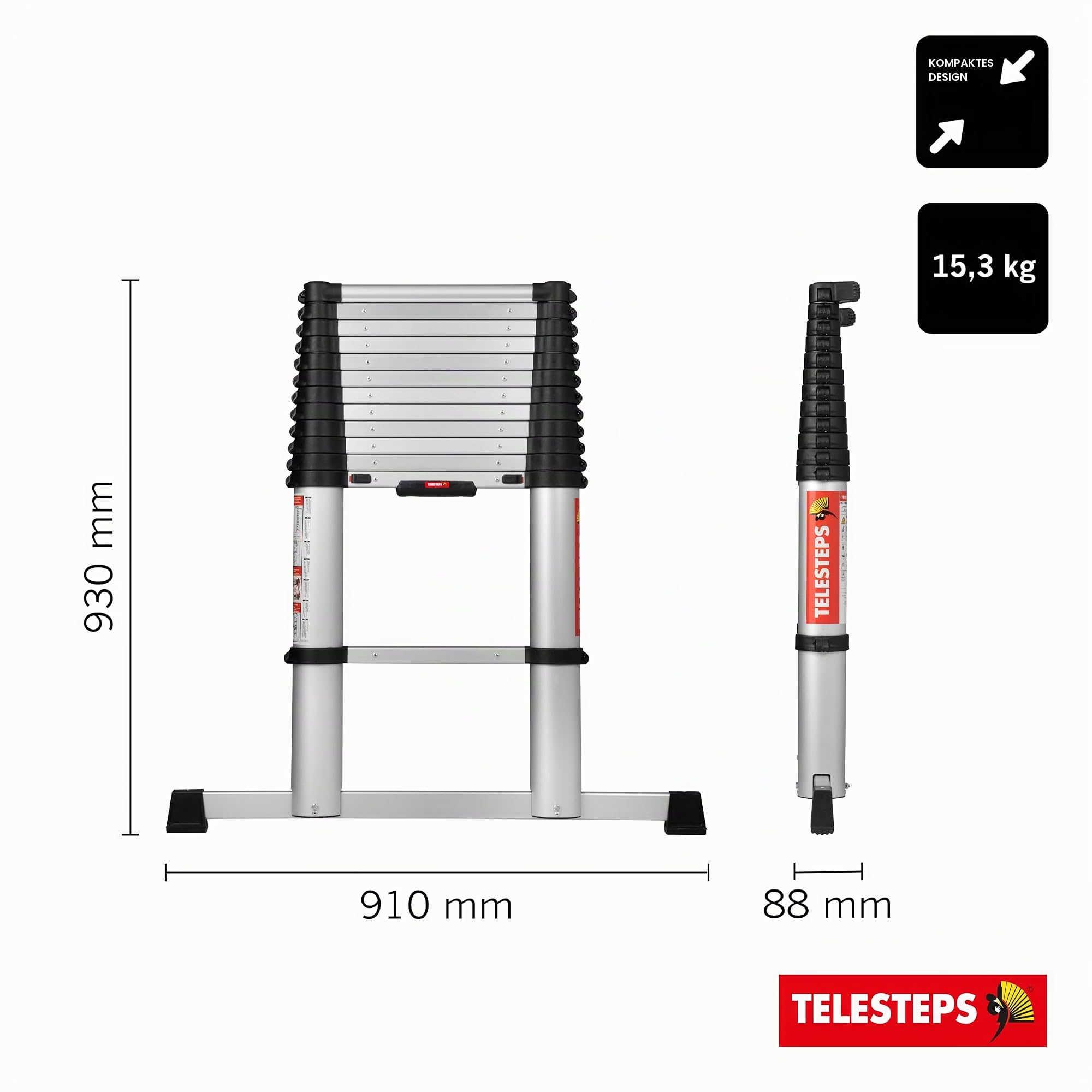 Teleskopleiter 3,8m mit Quertraverse von TELESTEPS I ECO Line I Mit Air-Damping-System I Anti-Rutschprofil für den sicheren Halt I EN 131 I 72430-682