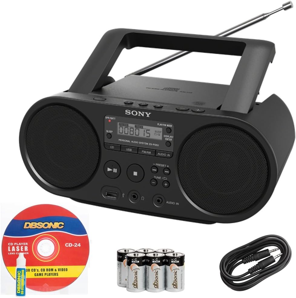 Sony Portable Full Range Stereo Boombox Sound System with MP3 CD Player, AM/FM Radio, 30 Presets, USB Input, Headphone & AUX Jack + DB Sonic AUX Cable, Head Cleaner & Batteries