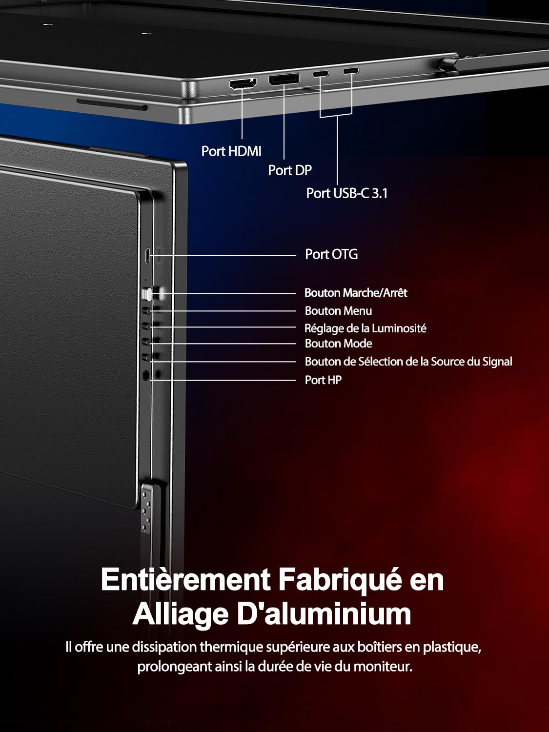 UPERFECT 27" 4K 144Hz | 1080p 288Hz Double Mode Écran Portable avec 600 Nits 2000:1 125% sRGB, Ports HDMI 2.1, DP et USB-C pour Ordinateurs Portables | PC | Consoles de Jeux, Compatible VESA