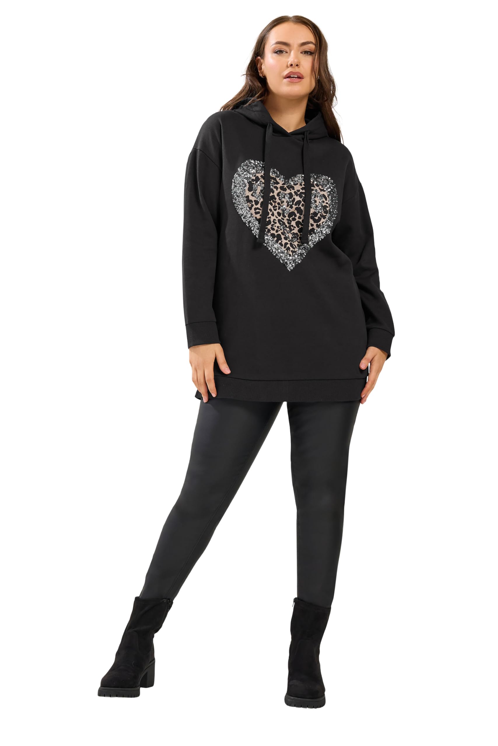 Yours Women's Leopard Heart Sequin Hoodie in Black | Size: 26-28