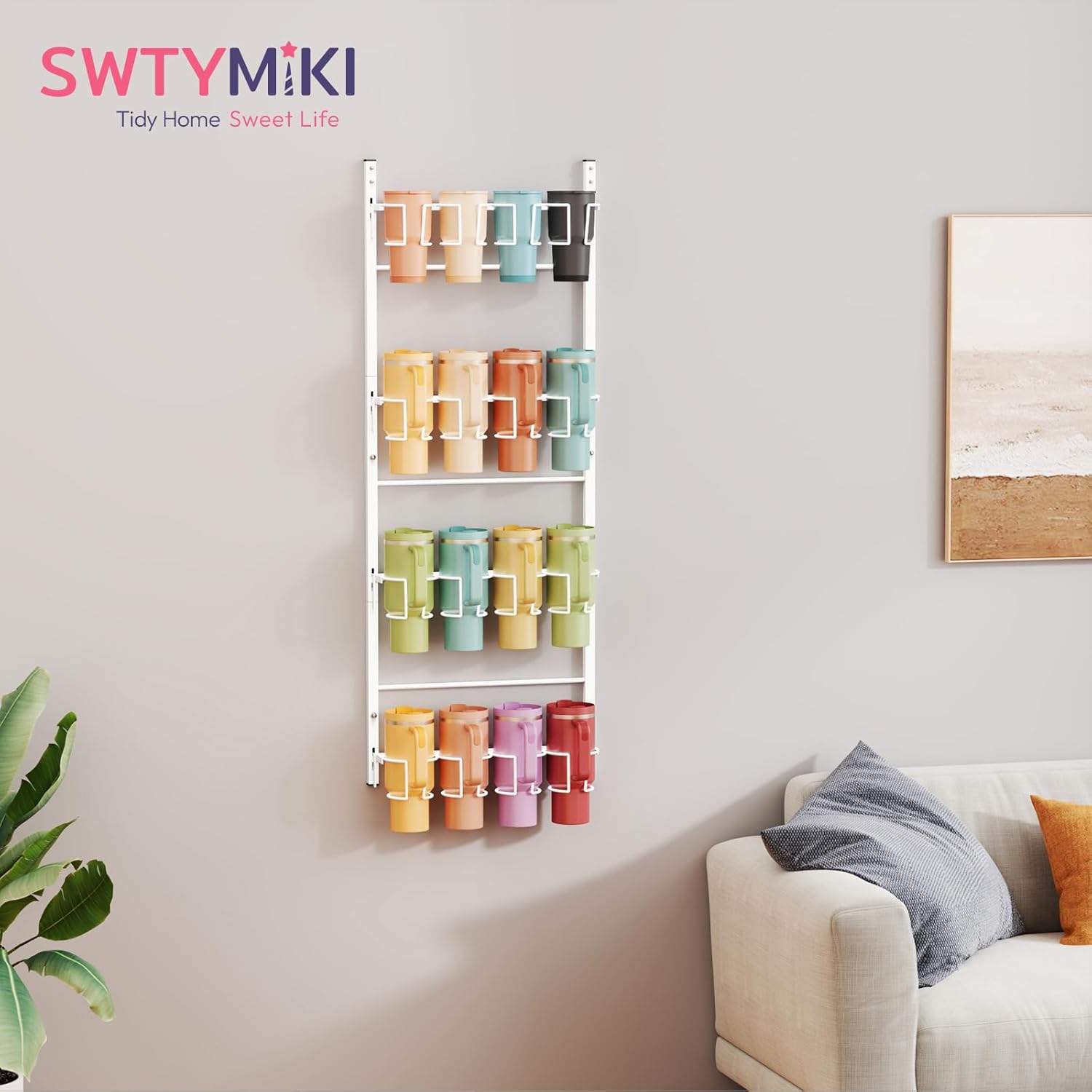 SWTYMIKI 4-Tier Water Bottle Organizer – Over the Door Stanley Cup Holder, Cup Organizer for Door or Wall Mount Option, Stanley Accessories for Pantry, Dorm, Office, RV Use, White