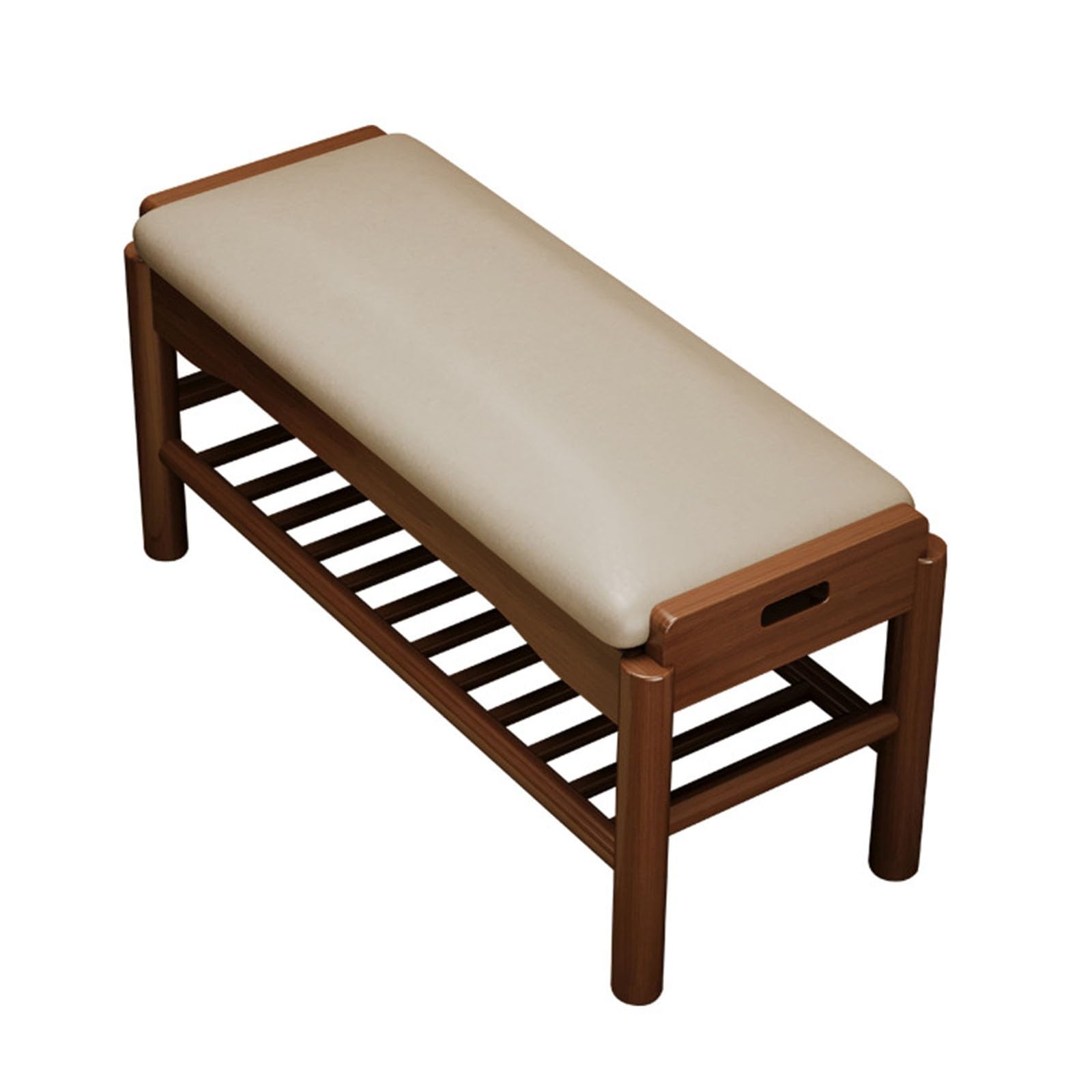 Banc à chaussures avec coussin rembourré et étagère de rangement double en noyer