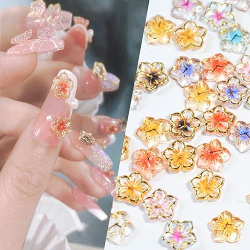 50 Pcs 8Mm Fortune Comes Bauhinia Flower Nail Charms Rhinestone 3D Resin Gold Edge Clock Flower Crystal Gem Diy Women Nail Art Decorations #TOP2