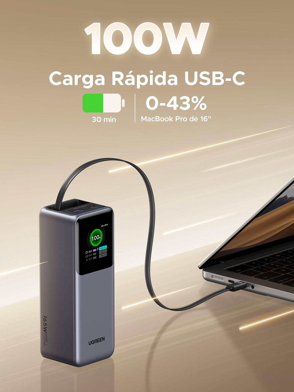 UGREEN Nexode Pro 165W Power Bank 20000mAh Batería Externa USB C PD 100W | Carga Rápida, 3 EN 1, Cable Rétractable, 2 Puertos 1C1A, Pantalla TFT, Cargador PC, Compatible con iPhone 17 16 15 Galaxy S26