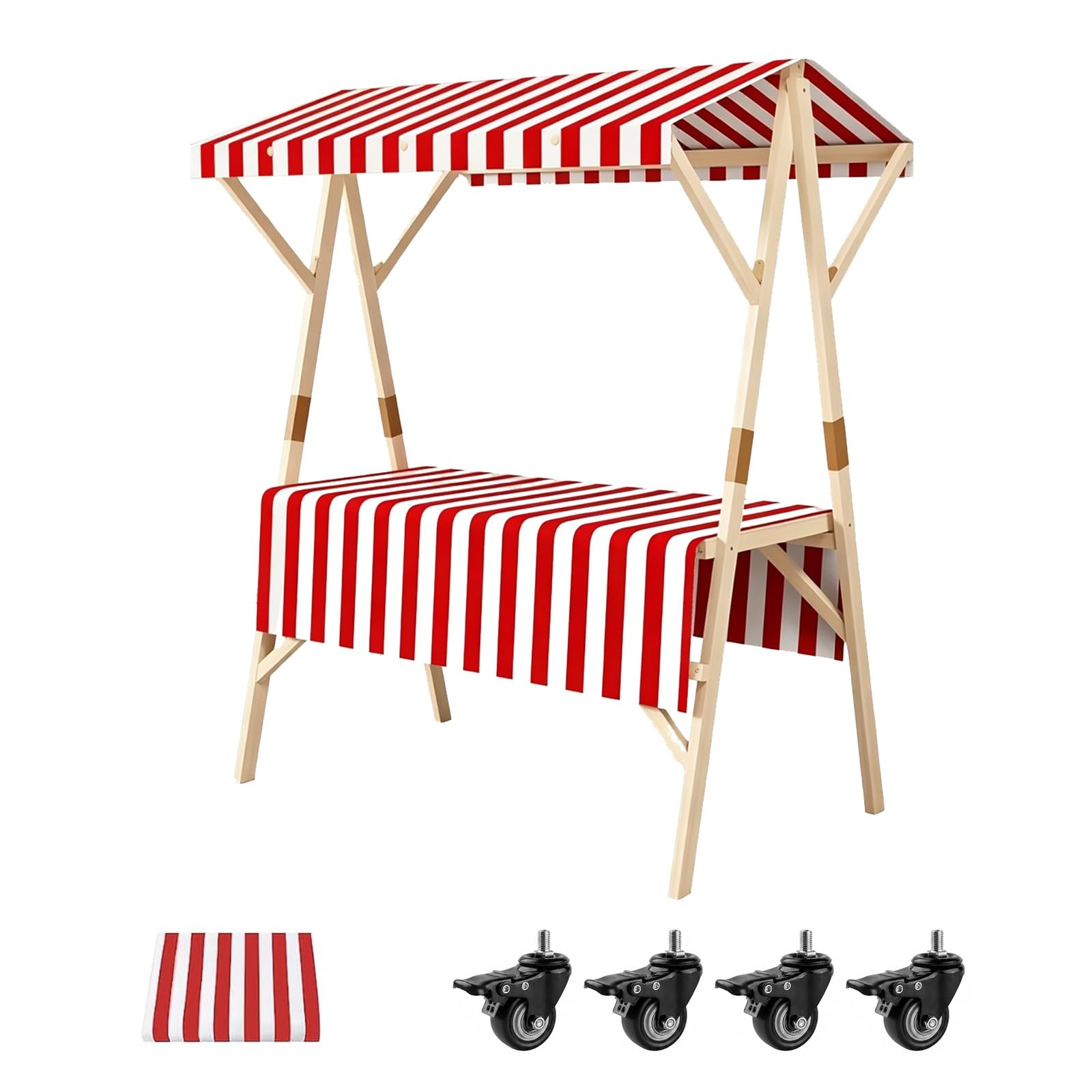 CMYAOYC Portable Food Cart with Striped Canopy, Foldable Farmers Market Stall Cart with Wheels, Wooden Concession Stand, Mobile Buffet Table(Red,120cm)