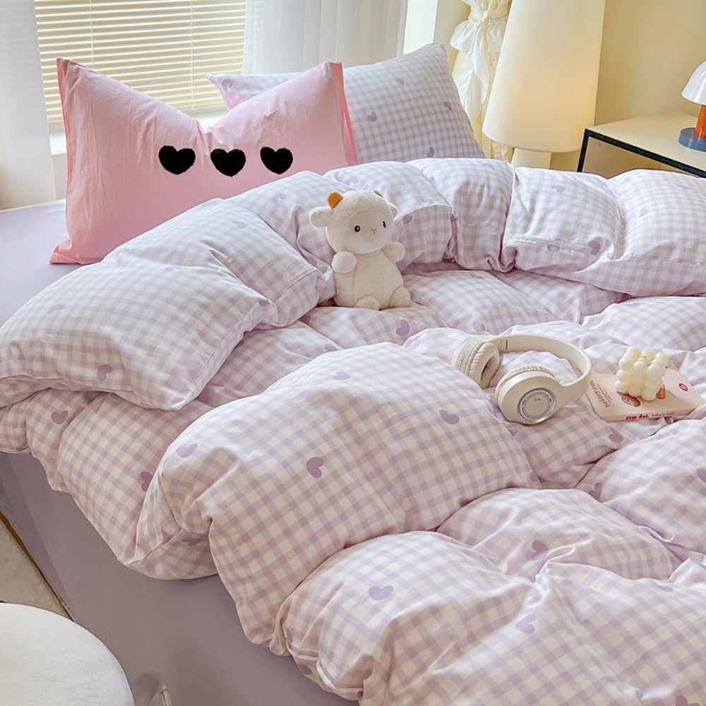 Covebett Purple Heart Duvet Cover Double Gingham Plaid Checkered Heart Print Kawaii Bedding Set Girls Cute Love Microfiber Comforter Cover 200x200 cm with Zipper Closure and 2 Pillowcases 50x75cm โ image 1