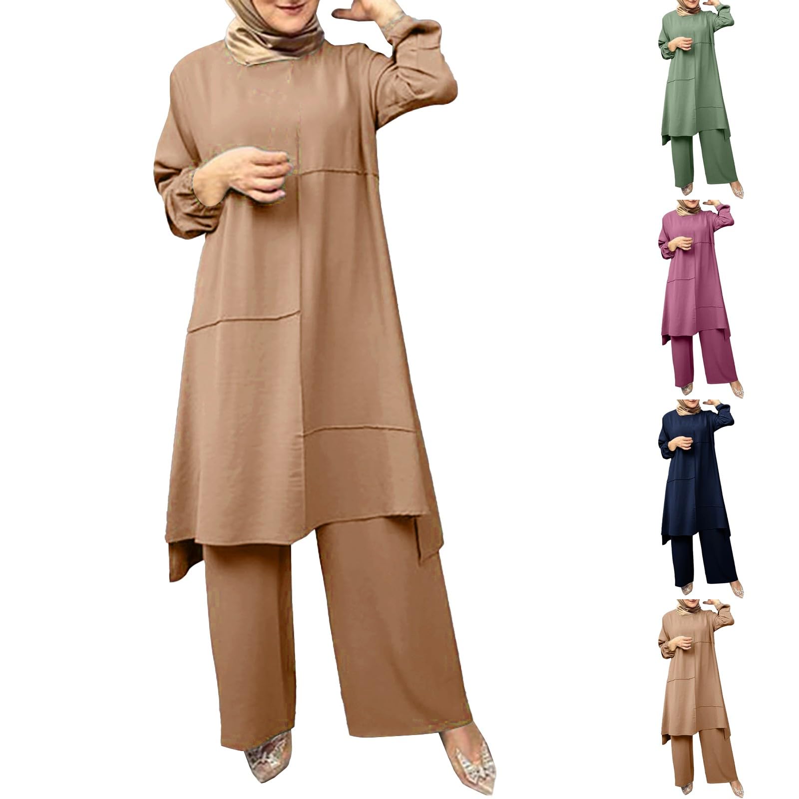 Tuta da donna elegante, 2 pezzi, taglie grandi, per lo sport, da donna, set estivo Curvy, leggera, elegante, in lino, per l'estate, pantaloni larghi + a maniche lunghe