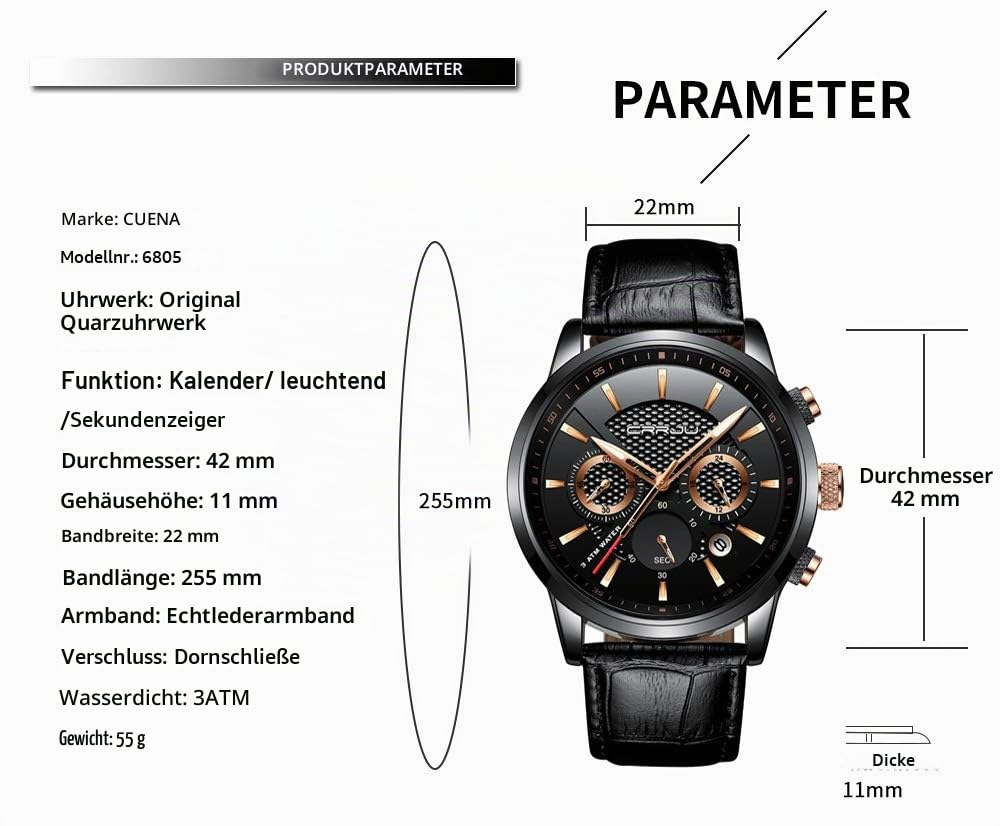 CRRJU Uhr Herren Schwarz Lederarmband Armbanduhr Chronographen Herrenuhr