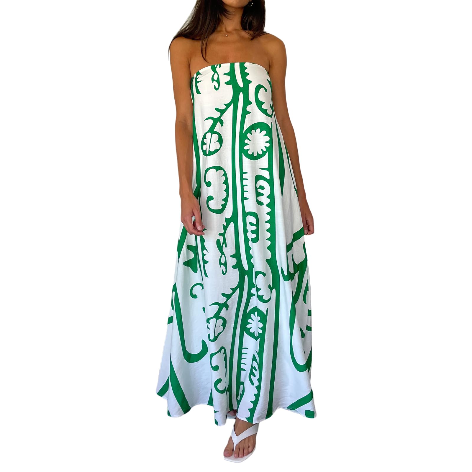 LeyajedolWomen Boho Maxi Cami Dress Graffiti Printed Spaghetti Strap Midi Dress Flowy Aesthetic Beach Vacation Long Dress