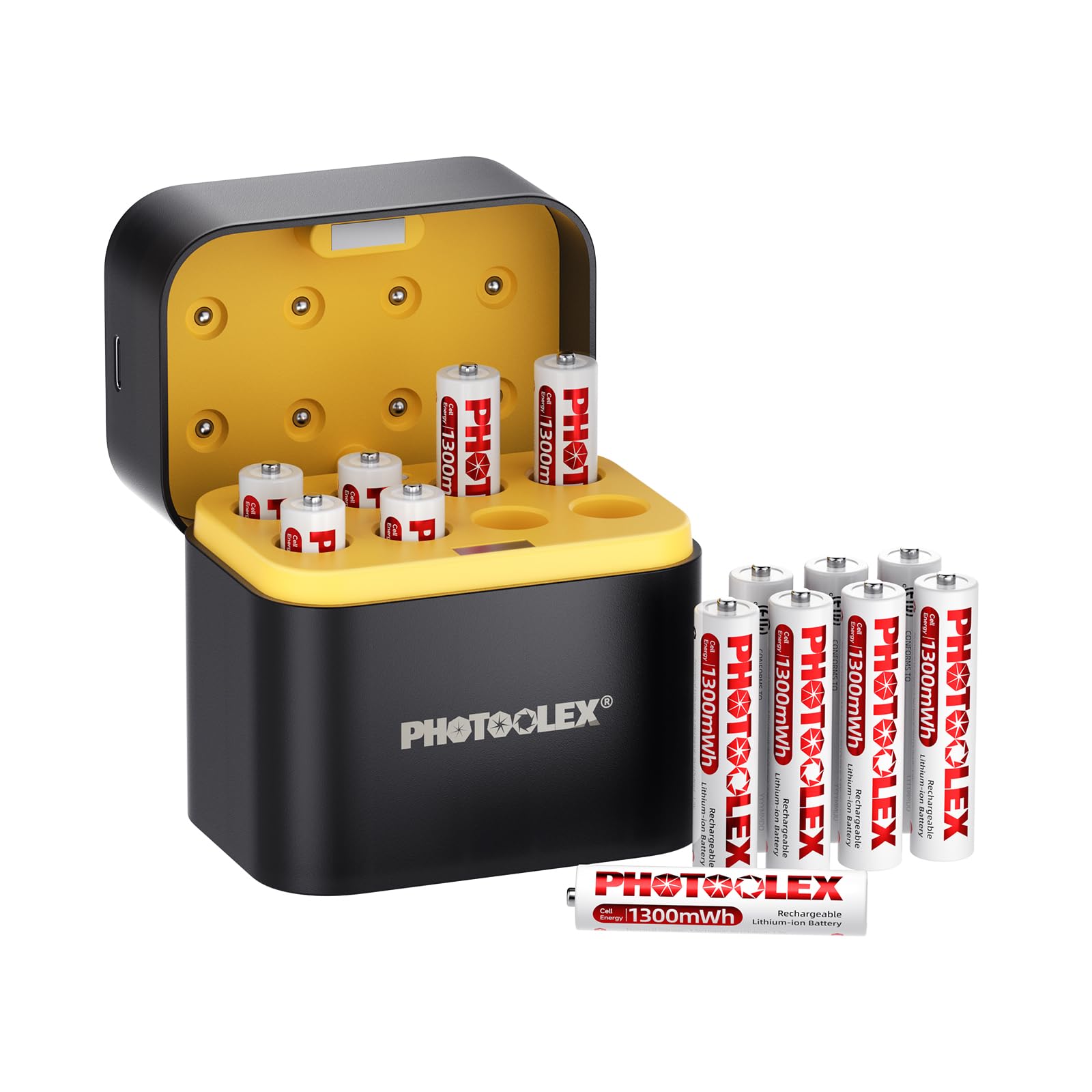 PHOTOOLEX Batterie AAA ricaricabili al litio 16 pezzi con caricatore a 8 slot, 1300 mWh ad alta capacità 1,5 V, batteria agli ioni di litio, 1600 cicli AAA con caricatore rapido