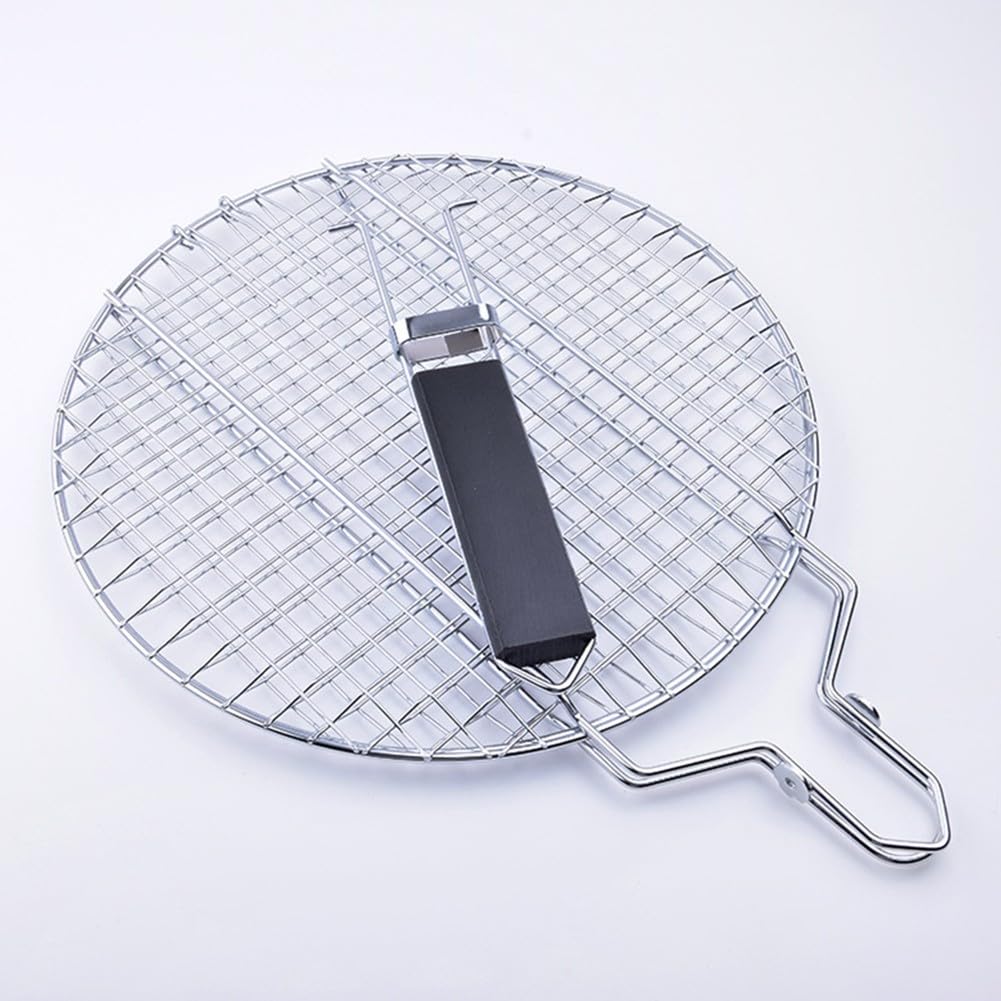 EasyByMall Grillkorb aus Edelstahl mit Holzgriff für Pfannenwender, 55 x 28 cm, Grillnetz zum einfachen Wenden von Fleisch und Gemüse, Silber