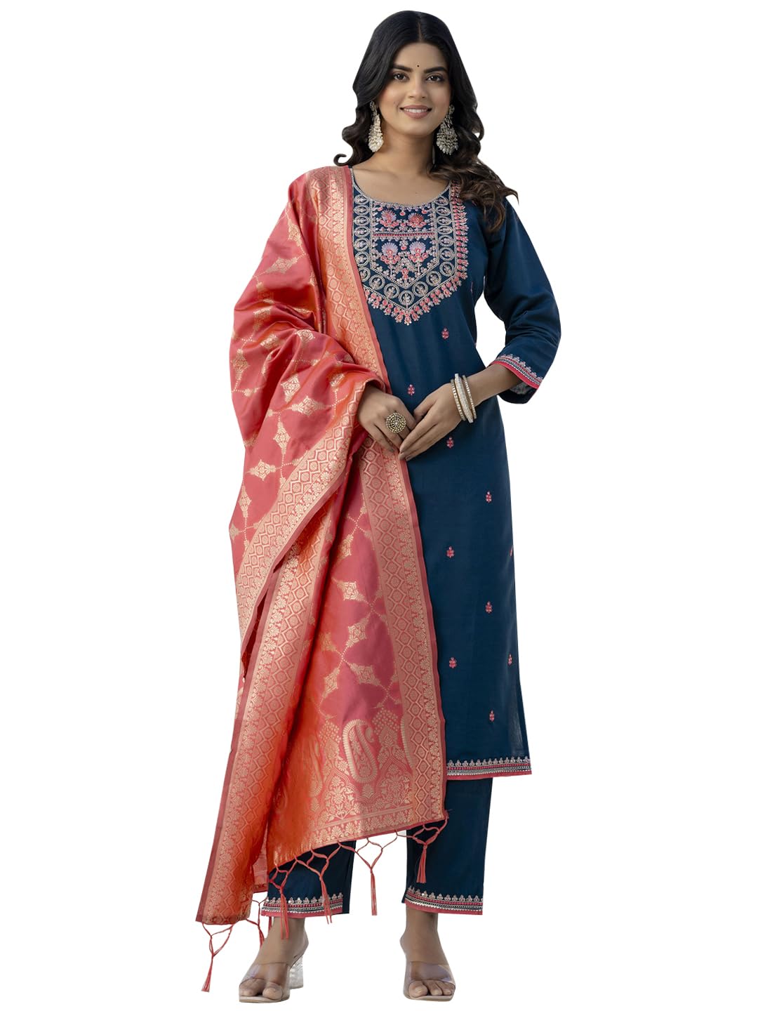 VredeVogel Women’s Embroidered Viscose Rayon Kurta with Pant & Banarasi Silk Dupatta Set VredeVogel Women’s Embroidered Viscose Rayon Kurta with Pant & Banarasi Silk Dupatta Set