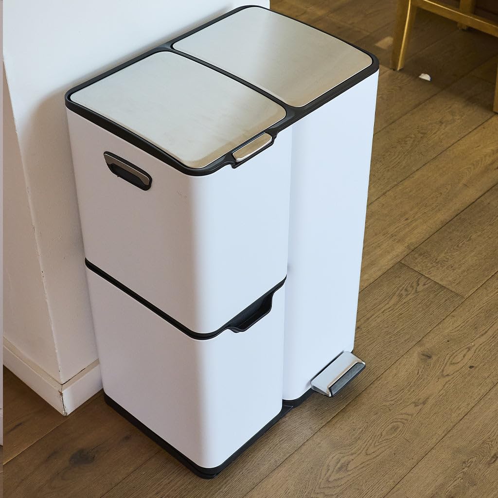 KITCHEN MOVE HAJA Mülleimer für die Küche, mit Tretschalter, Mülltrennung, Recycling, 60 l (13 + 17 + 30 l) aus Edelstahl, weiß, mit Eimer