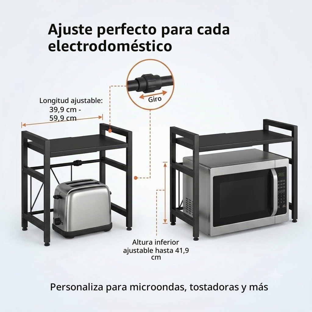 Estantería extensible para horno microondas, estante de cocina de hasta 30 kg, longitud ajustable (32-6 cm0), nivel de hasta 42 cm, organizador de encimera para cocina, salón, garaje y otros