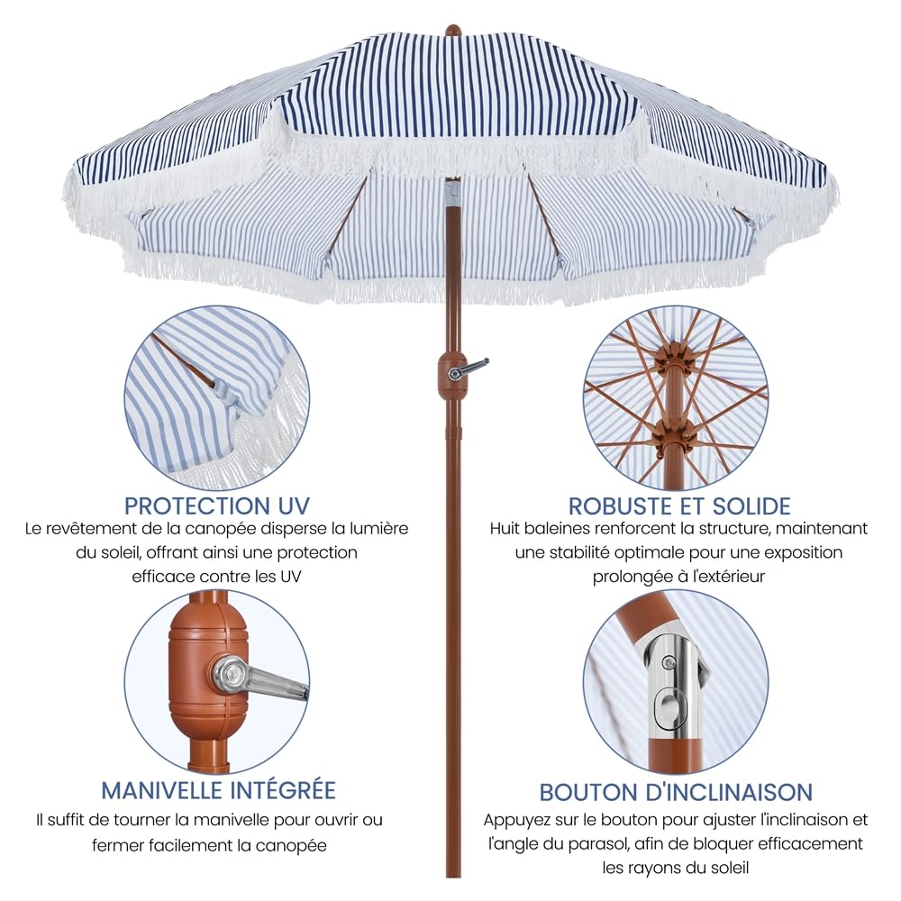 Yaheetech Parasol de Jardin d'extérieur avec Franges, 236/275cm, Parasol Inclinable, Anti-UV/l'eau, avec Canopée Réglable, Manivelle, 8 Baleines, Housse