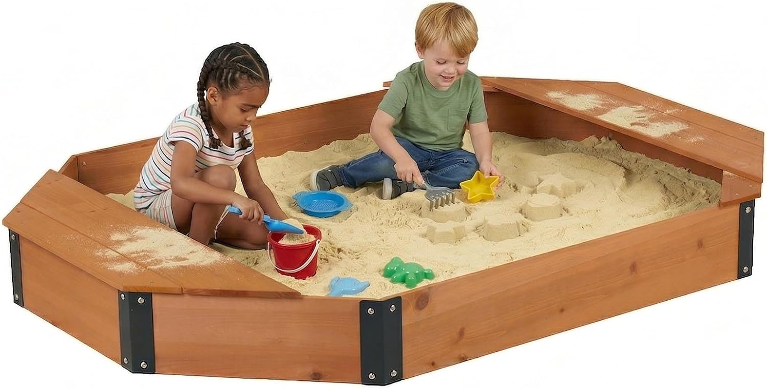 75.5''x53''x7.5'' Octagon Sandbox for Kids, Large Sand Box with Cover & Bench Seats, Solid Wood Sandpit for Backyard Patio Outdoor Play, Easy Assemble (Grey) (Grey)
