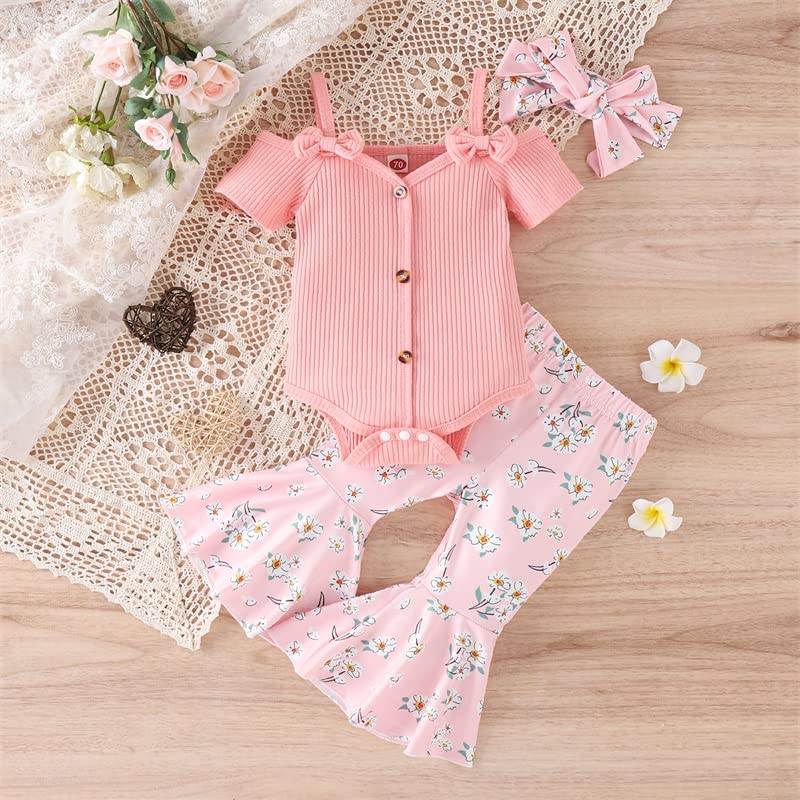 Baby Girl Summer Clothes Off Shoulder Ribbed Romper Onesie Top Bell Bottoms Pants Floral Outfit Cute Clothing (Pink Floral,12-18 Months)