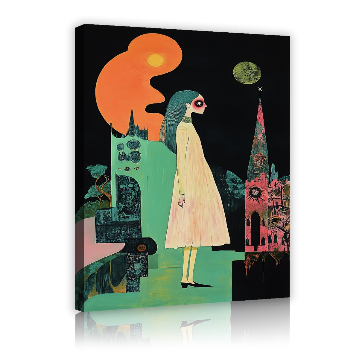 CHERHERART Surreal Strange Architecture Wall Art Dark Fantasy Castle Moonlight Canvas Prints Pictures for Kitchen Gothic Canvas Prints Poster 55x85cm Innerframe