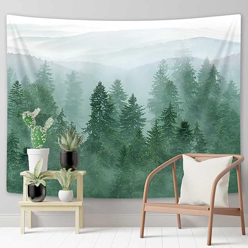 Miniatura 3 de Boziqr Tapiz de bosque verde con árbol brumoso de montaña, tapiz de pared para sala de estar, dormitorio, 60 x 40 pulgadas