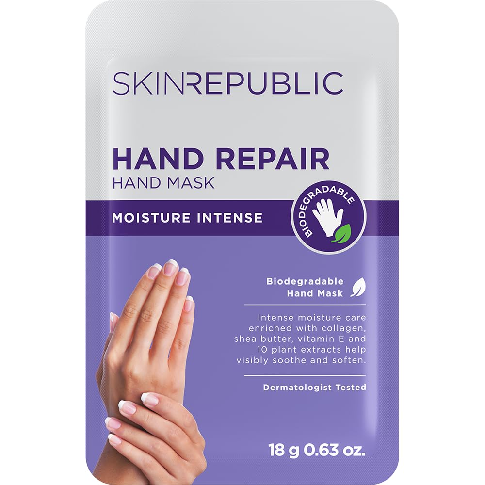 Skin Republic Hand Mask (1 Pair) – Moisturizing Gloves with Collagen, Shea Butter & Vitamin E, Soften Dry, Rough Skin, Reduces Age Spots, Wrinkles & Inflammation, Anti-Aging, Biodegradable Formula