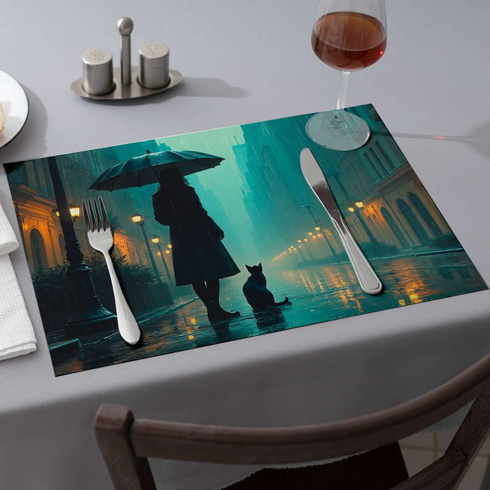 Sets de table d'été chat noir anti-tache pour nappe et table