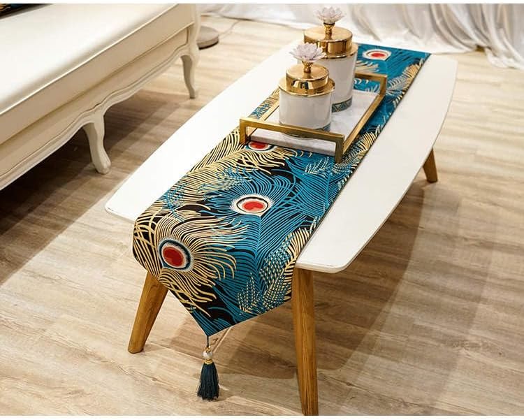 Miniatura 6 de Camino de mesa de pavo real con borlas, camino de pavo real jacquard para fiestas y bodas, camino de plumas de pavo real de 13 x 90 pulgadas