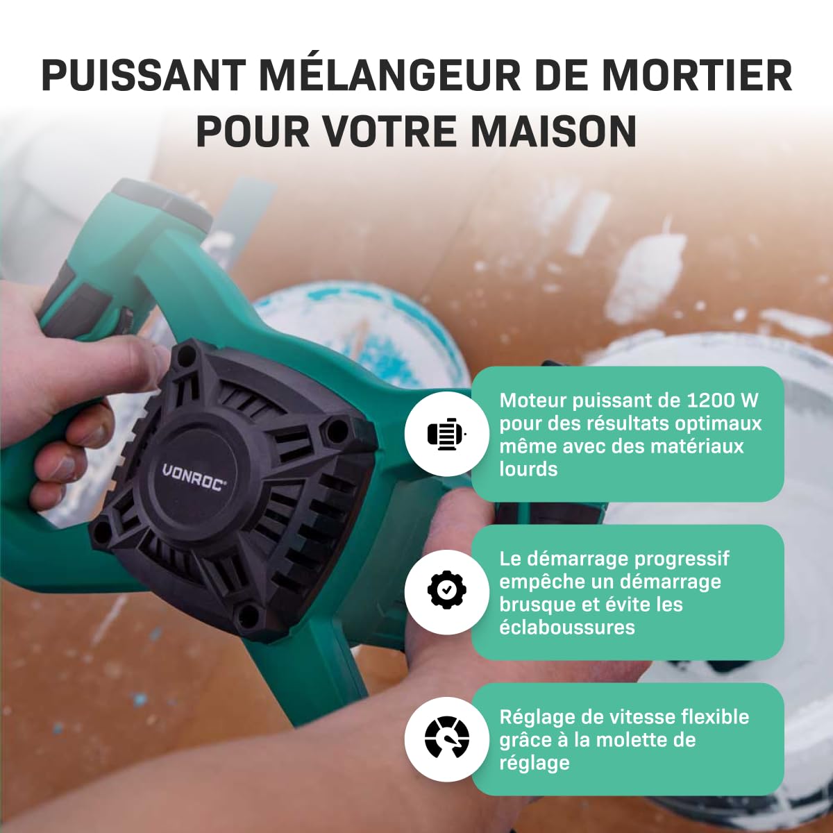 VONROC Mélangeur peinture/béton 1200 W - 2 vitesses - Pour peinture, plâtre, papier peint, ciment - Régulateur vitesse constante - Câble caoutchouc 3m - Agitateur 120x600mm inclus - Couleur Verte