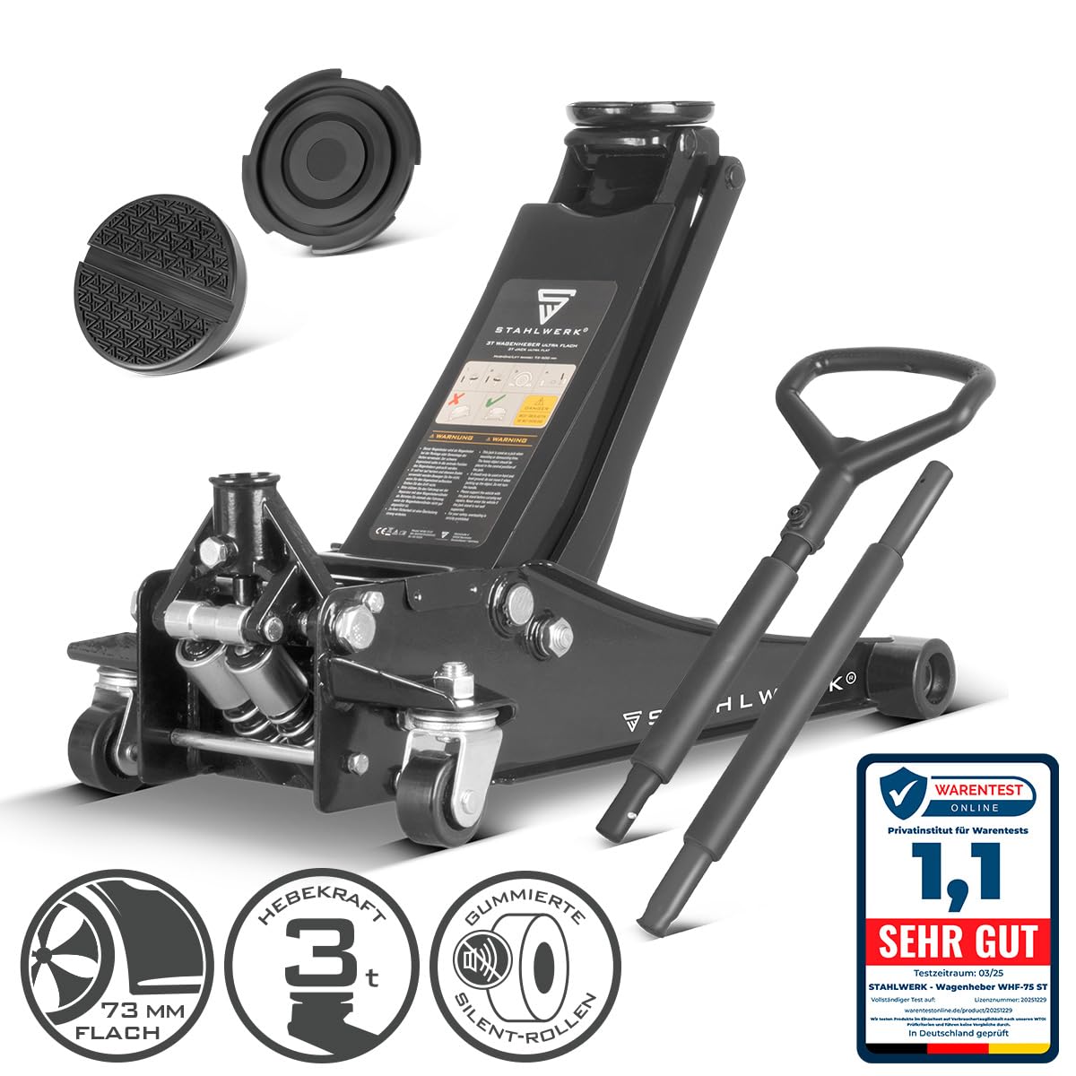 STAHLWERK Hydraulischer Wagenheber mit 3 t Tragkraft – extra flach, 73-500 mm Hubbereich, gummierte Rollen, Doppelhubkolben, Rangierwagenheber, Hydraulik-Wagenheber, schwarzer Autoheber (WHB-73 ST)