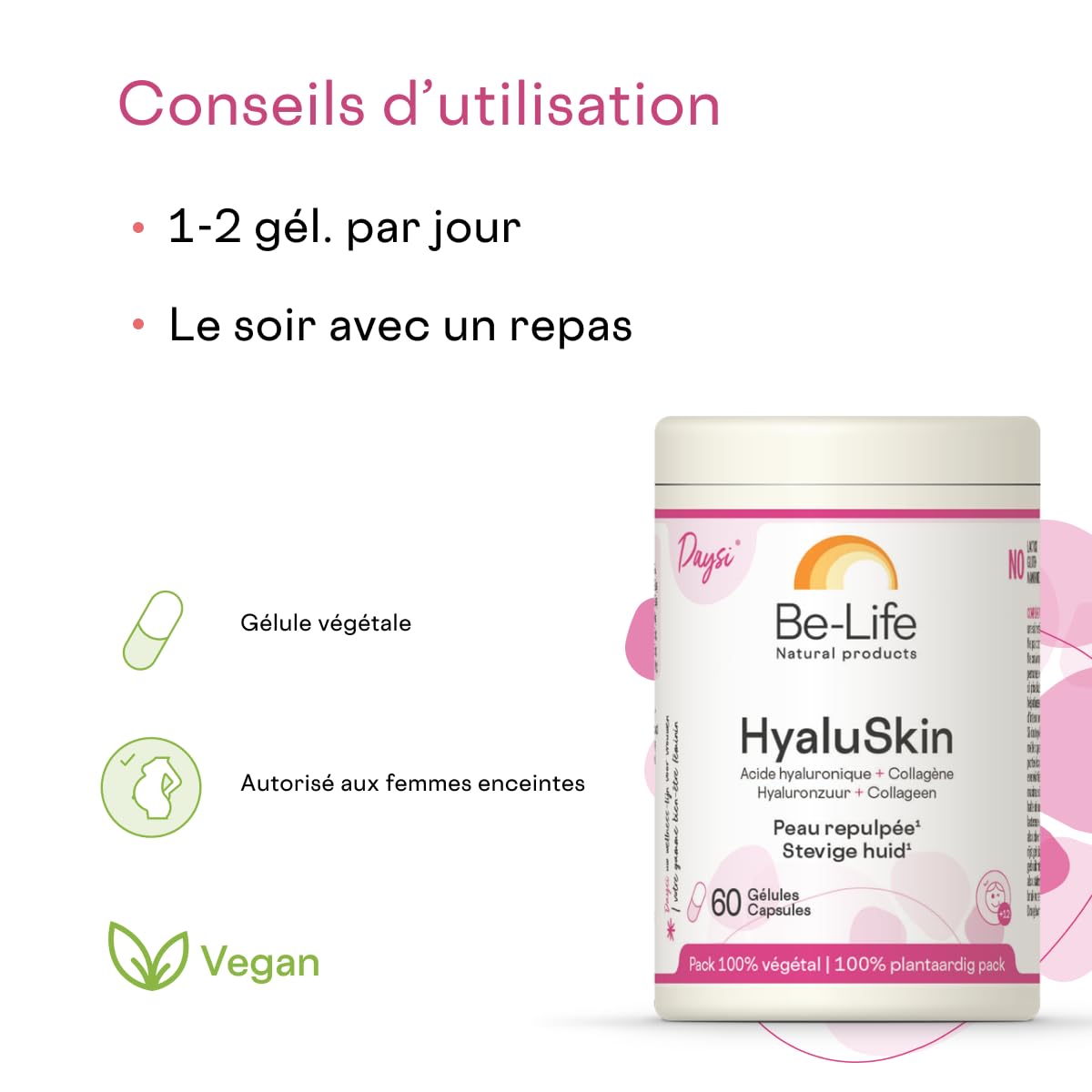 BE-LIFE | HYALUSKIN | Complément alimentaire | Hydratation, Peau Repulpée & Anti-Âge | Collagène Marin & Acide Hyaluronique | 60 Gélules